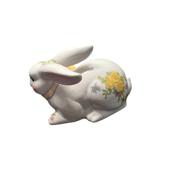 Large Ceramic Bunny Figurine With Floral & Bow Details - Picture 5 of 10